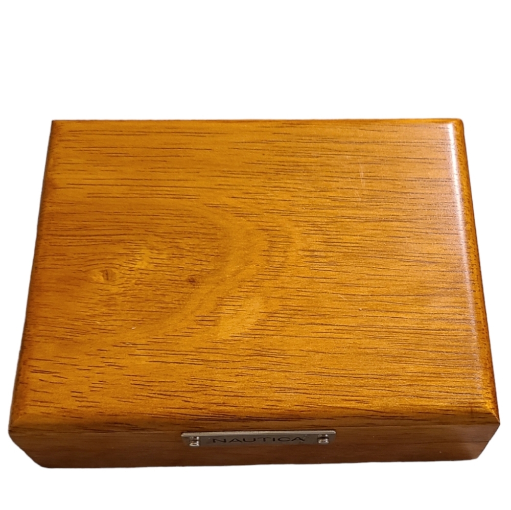 Nautica Wooden Jewelry Wallet Trinket Box Wood Etched Velvet Lined Vintage